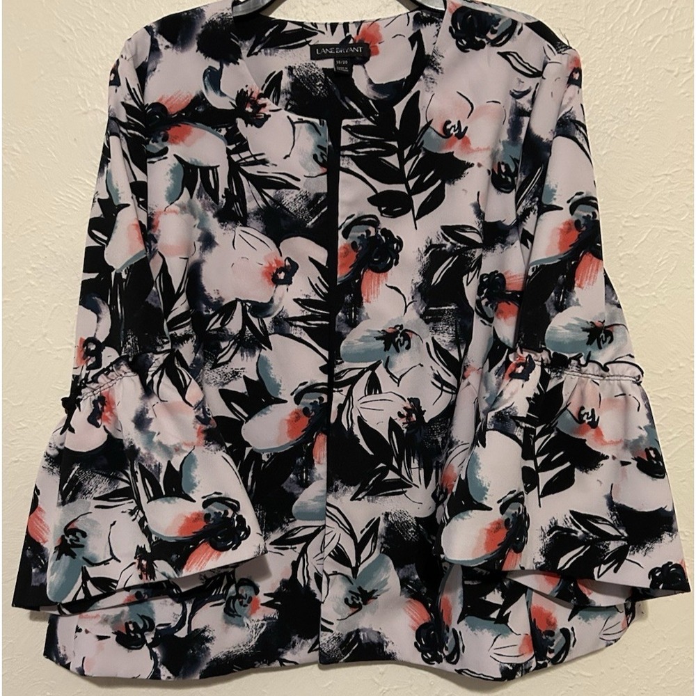 Lane Bryant 18/20 Open Front Blazer Jacket‎ Black Floral Lined Bell Sleeve